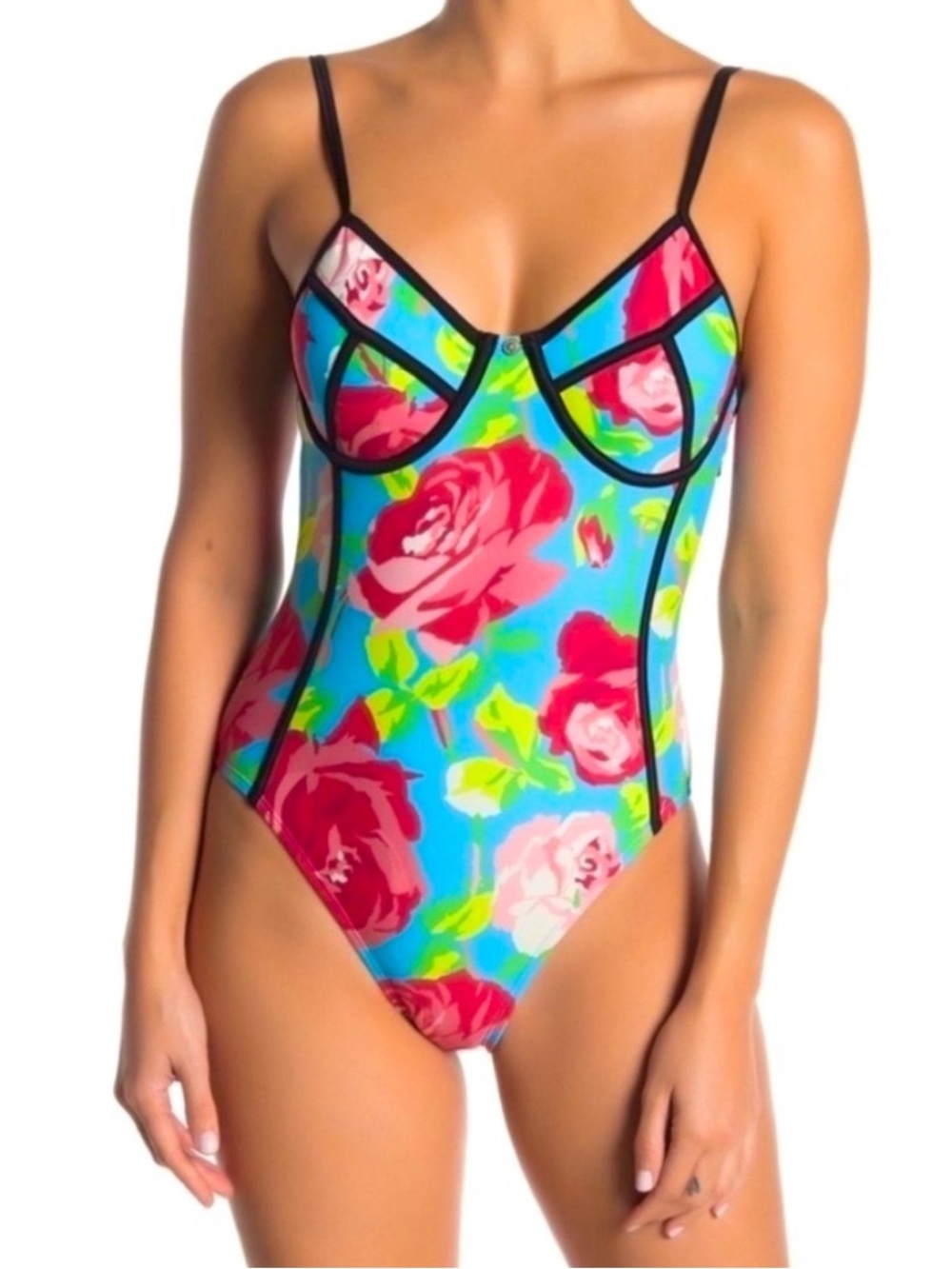 Betsey Johnson Blue Pink Floral Framed One piece Swimsuit Size Small Underwire